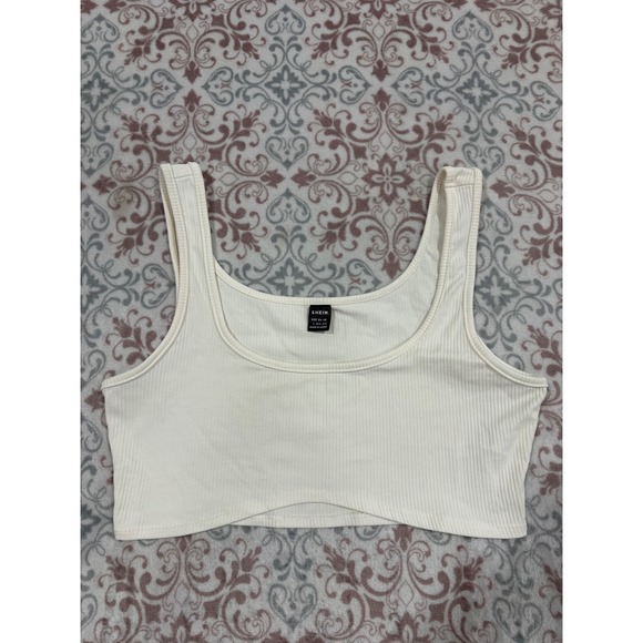 SHEIN Tops - SHEIN Off White Ribbed Knit Scoop Neck Crop Top Curved Hem Large